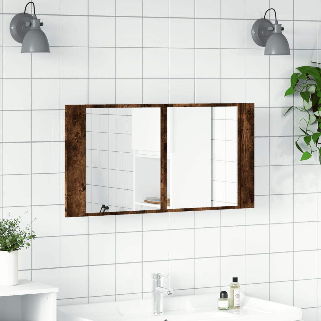 vidaXL Dulap de baie cu oglindă și LED, stejar fumuriu, 90x12x45 acril vidaXL Dulap de baie cu oglindă și LED, stejar fumuriu, 90x12x45 acril