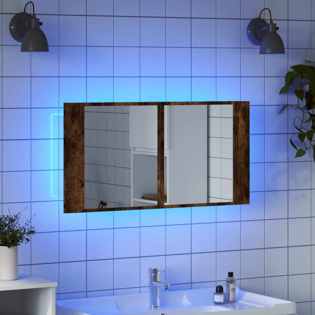 vidaXL Dulap de baie cu oglindă și LED, stejar fumuriu, 90x12x45 acril vidaXL Dulap de baie cu oglindă și LED, stejar fumuriu, 90x12x45 acril