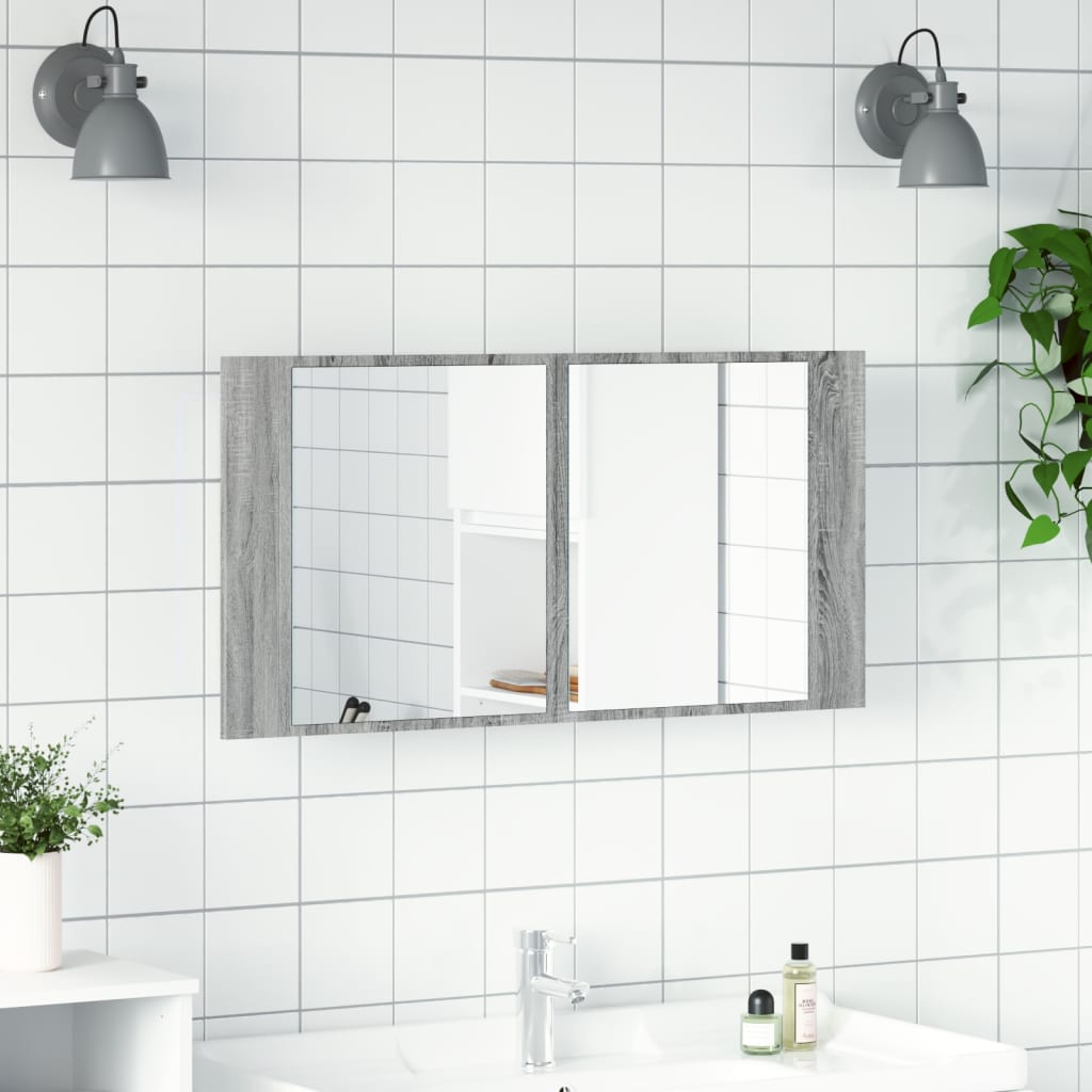vidaXL Dulap de baie cu oglindă și LED gri sonoma, 90x12x45 cm, acril vidaXL Dulap de baie cu oglindă și LED gri sonoma, 90x12x45 cm, acril