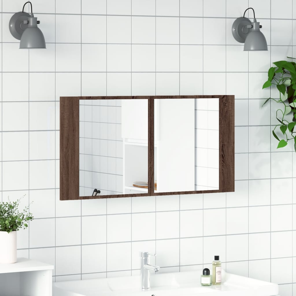 vidaXL Dulap de baie cu oglindă și LED stejar maro, 90x12x45 cm, acril vidaXL Dulap de baie cu oglindă și LED stejar maro, 90x12x45 cm, acril
