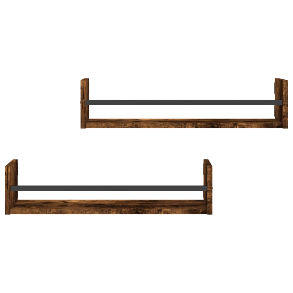 vidaXL Rafturi de perete cu bare 2 buc, stejar afumat, 60x16x14 cm vidaXL Rafturi de perete cu bare 2 buc, stejar afumat, 60x16x14 cm