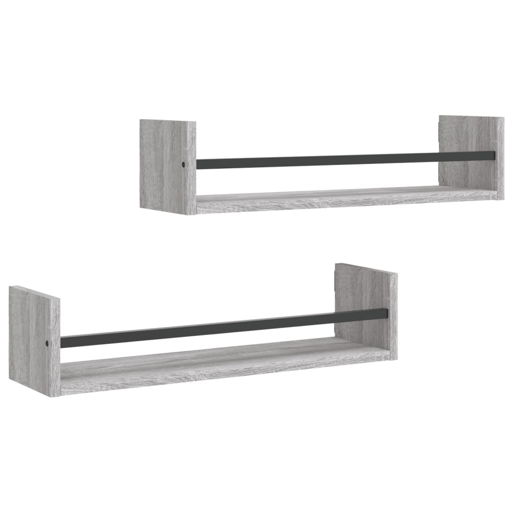 vidaXL Rafturi de perete cu bare, 2 buc, gri sonoma, 60x16x14 cm vidaXL Rafturi de perete cu bare, 2 buc, gri sonoma, 60x16x14 cm