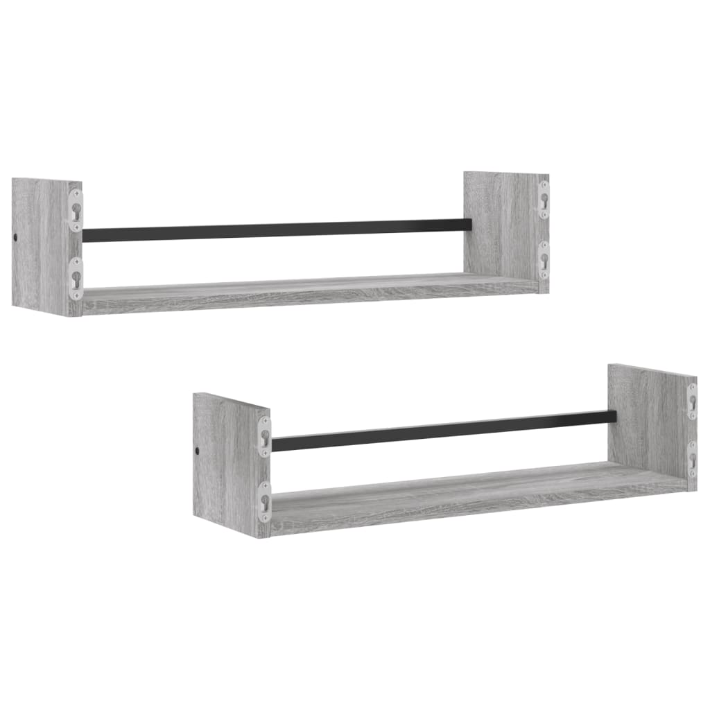 vidaXL Rafturi de perete cu bare, 2 buc, gri sonoma, 60x16x14 cm vidaXL Rafturi de perete cu bare, 2 buc, gri sonoma, 60x16x14 cm