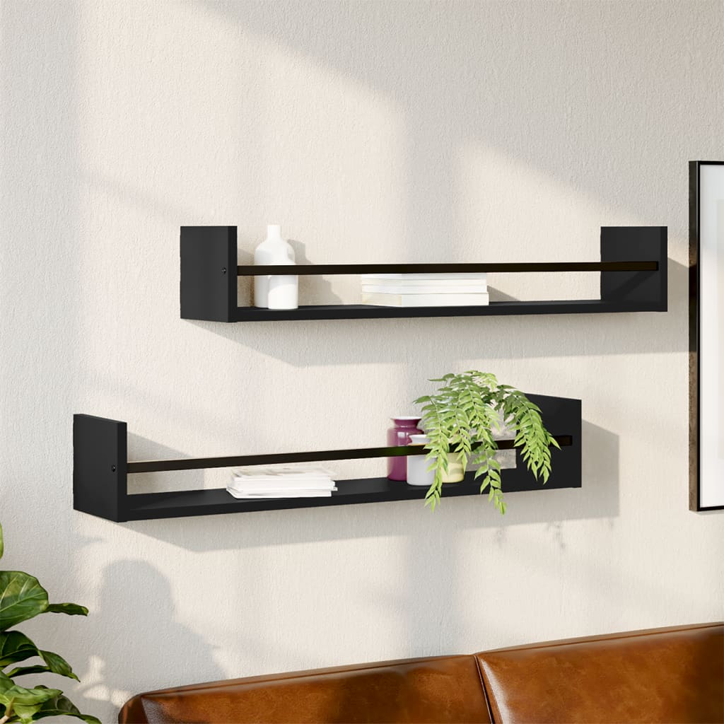 vidaXL Rafturi de perete cu bare, 2 buc, negru, 80x16x14 cm vidaXL Rafturi de perete cu bare, 2 buc, negru, 80x16x14 cm