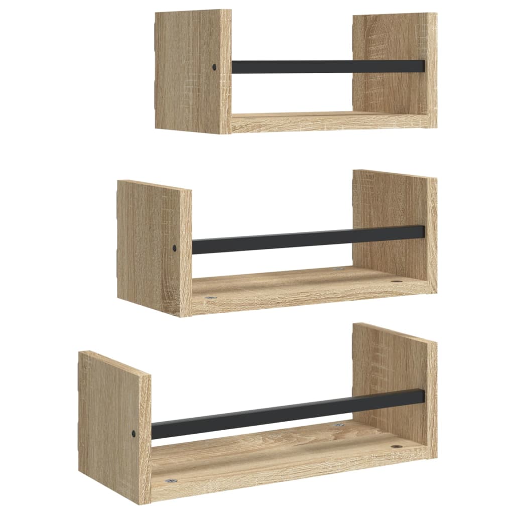 vidaXL Set rafturi perete cu bare, 3 buc, stejar sonoma lemn prelucrat vidaXL Set rafturi perete cu bare, 3 buc, stejar sonoma lemn prelucrat