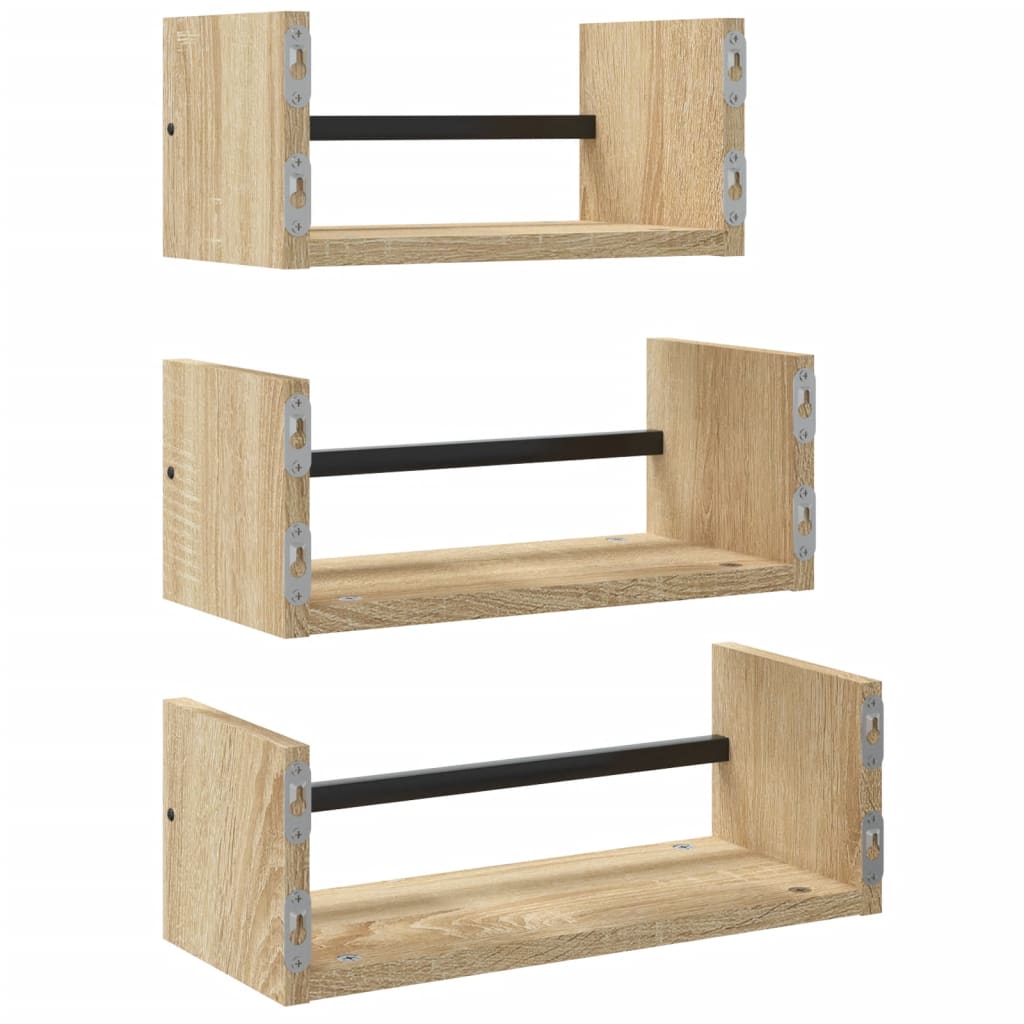 vidaXL Set rafturi perete cu bare, 3 buc, stejar sonoma lemn prelucrat vidaXL Set rafturi perete cu bare, 3 buc, stejar sonoma lemn prelucrat