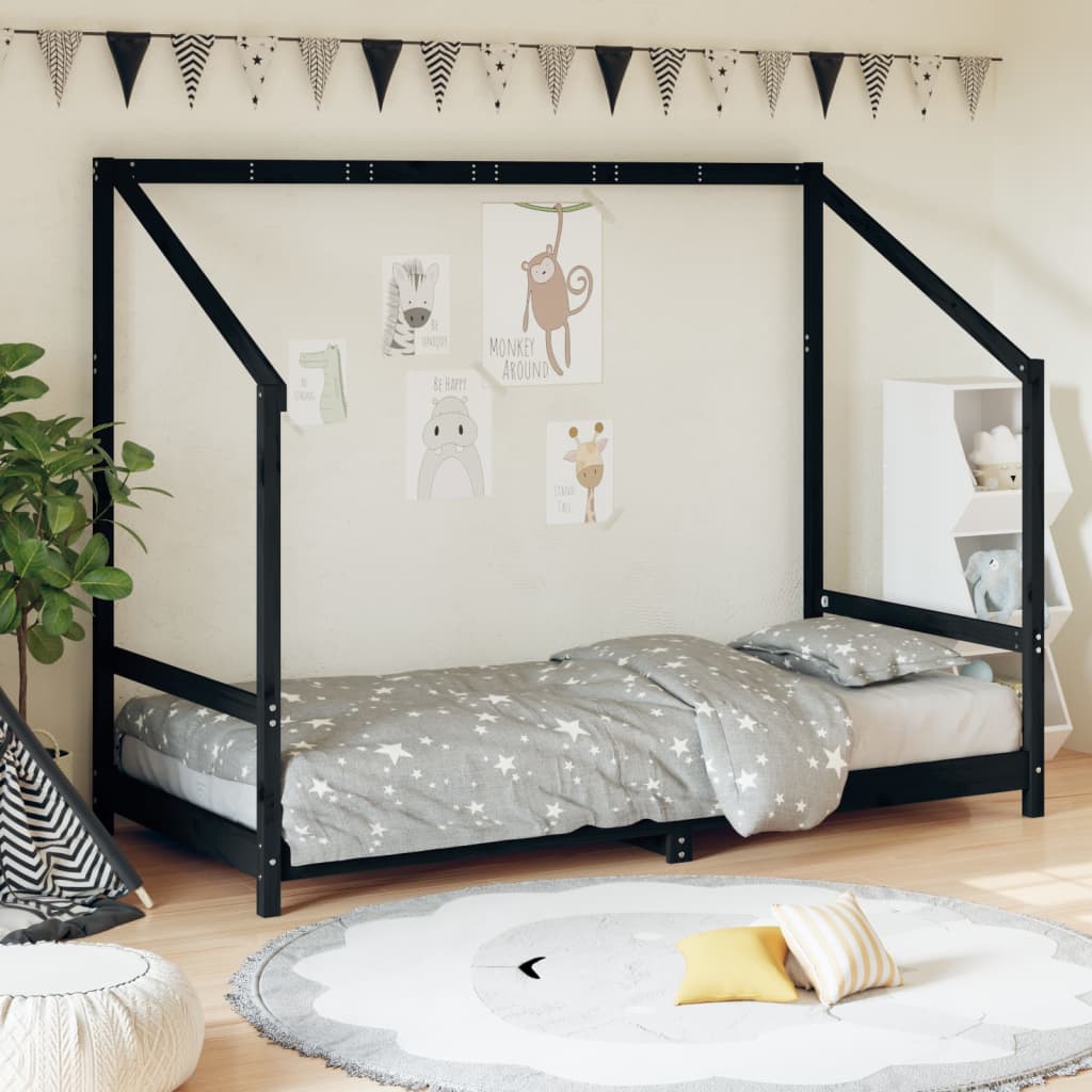 vidaXL Cadru pat pentru copii, negru, 90x200 cm, lemn masiv de pin vidaXL Cadru pat pentru copii, negru, 90x200 cm, lemn masiv de pin