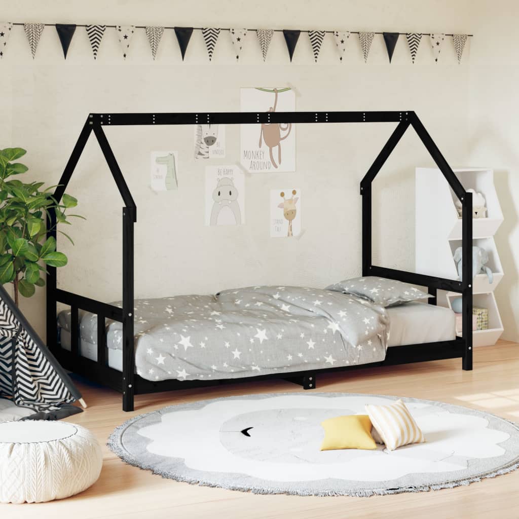 vidaXL Cadru de pat pentru copii, negru, 90x190 cm, lemn masiv de pin vidaXL Cadru de pat pentru copii, negru, 90x190 cm, lemn masiv de pin