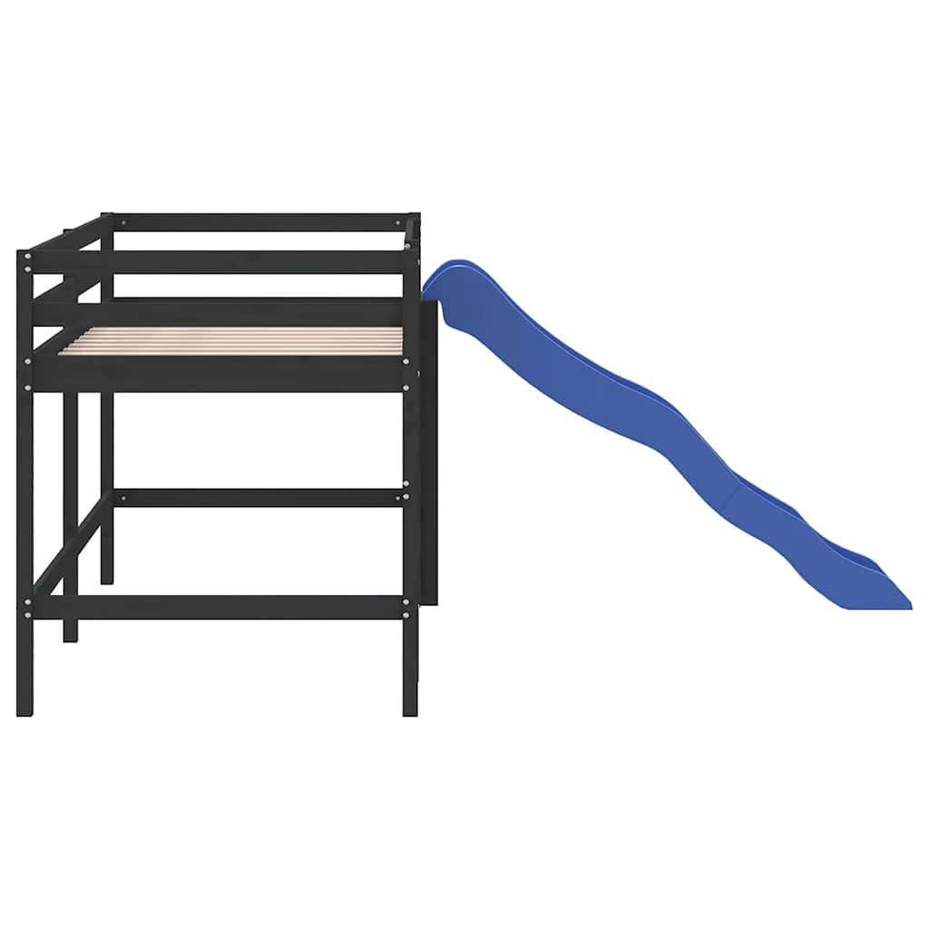 vidaXL Pat pentru copii cu tobogan, negru, 80x200 cm, lemn masiv pin