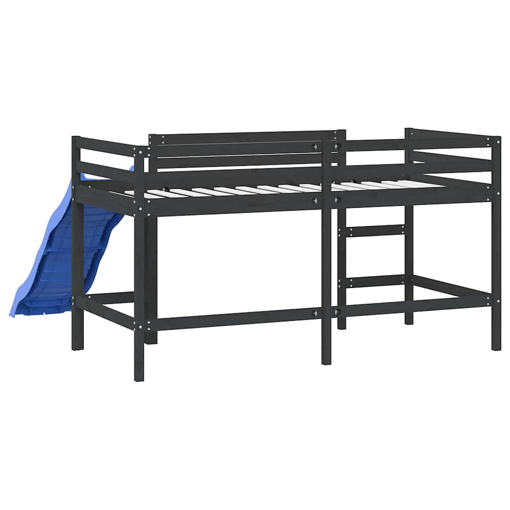 vidaXL Pat pentru copii cu tobogan, negru, 80x200 cm, lemn masiv pin