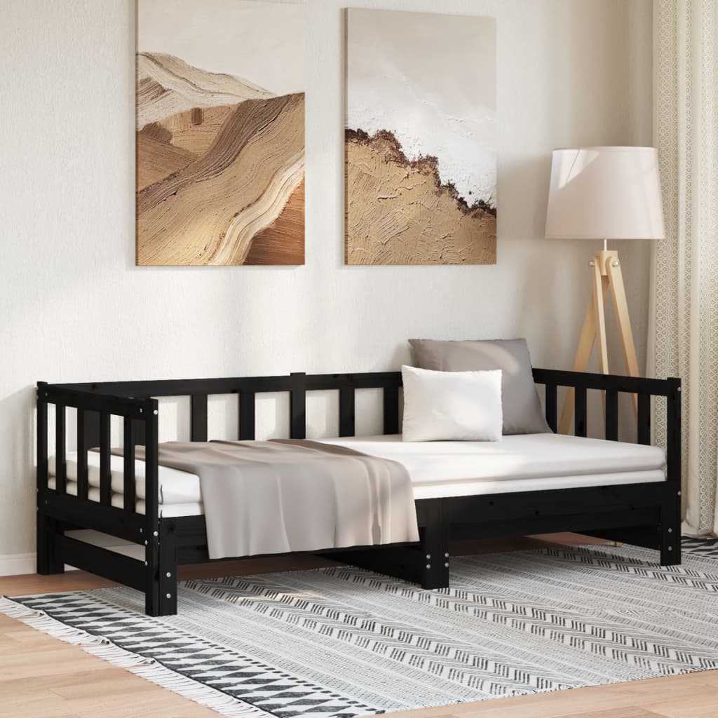 vidaXL Pat de zi cu extensie, negru, 90x200 cm, lemn masiv de pin vidaXL Pat de zi cu extensie, negru, 90x200 cm, lemn masiv de pin