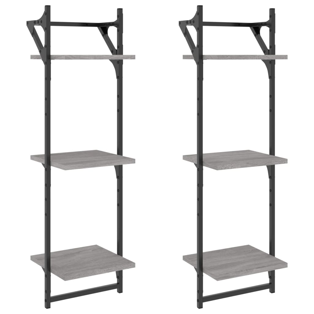 vidaXL Rafturi perete 3 niveluri cu bare 2 buc. gri sonoma 30x25x100cm vidaXL Rafturi perete 3 niveluri cu bare 2 buc. gri sonoma 30x25x100cm