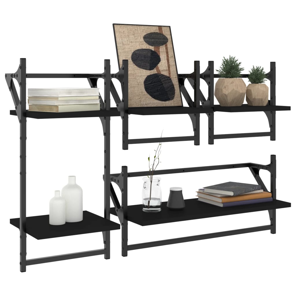 vidaXL Set rafturi perete cu bare, 4 buc. negru lemn prelucrat vidaXL Set rafturi perete cu bare, 4 buc. negru lemn prelucrat