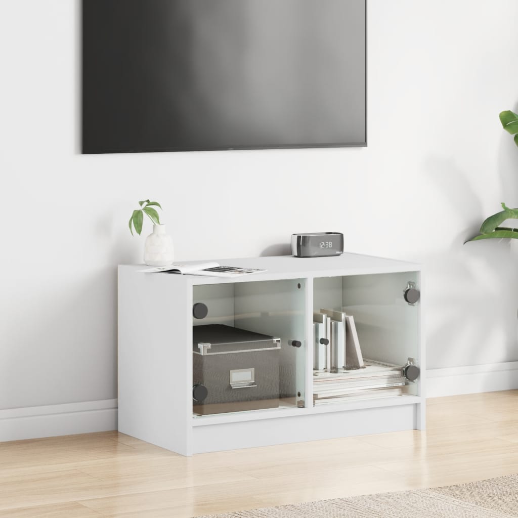 vidaXL Comodă TV cu uși din sticlă, alb, 68x37x42 cm vidaXL Comodă TV cu uși din sticlă, alb, 68x37x42 cm