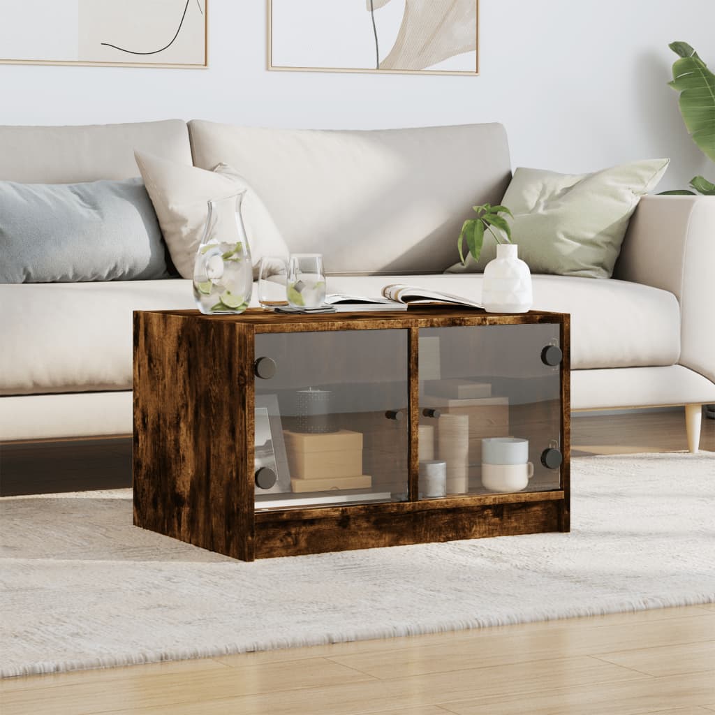 vidaXL Măsuță de cafea cu uși din sticlă, stejar fumuriu, 68x50x42 cm vidaXL Măsuță de cafea cu uși din sticlă, stejar fumuriu, 68x50x42 cm