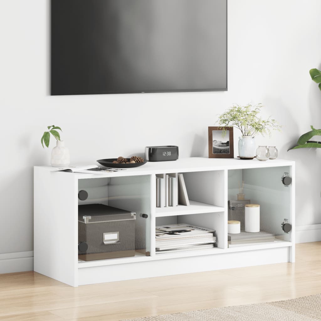 vidaXL Comodă TV cu uși din sticlă, alb, 102x37x42 cm vidaXL Comodă TV cu uși din sticlă, alb, 102x37x42 cm