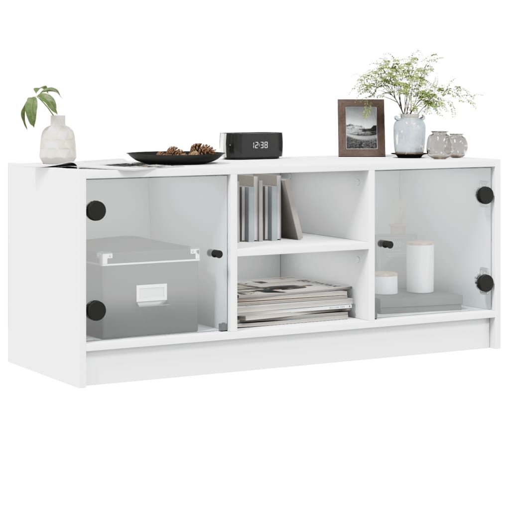 vidaXL Comodă TV cu uși din sticlă, alb, 102x37x42 cm vidaXL Comodă TV cu uși din sticlă, alb, 102x37x42 cm