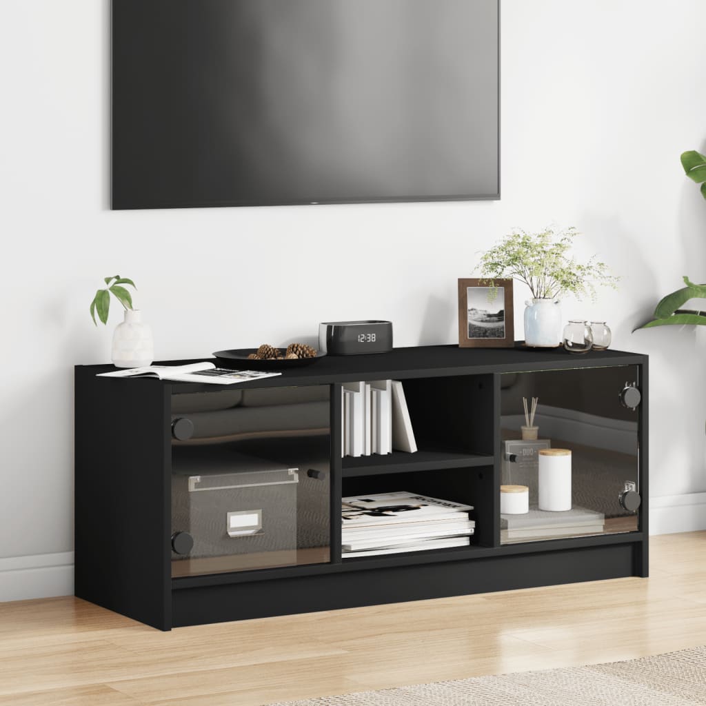 vidaXL Comodă TV cu uși din sticlă, negru, 102x37x42 cm vidaXL Comodă TV cu uși din sticlă, negru, 102x37x42 cm