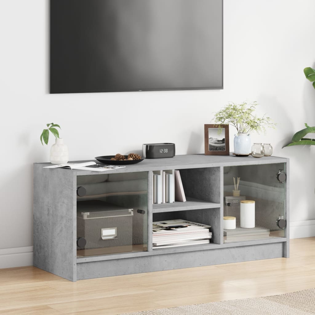 vidaXL Comodă TV cu uși din sticlă, gri beton, 102x37x42 cm vidaXL Comodă TV cu uși din sticlă, gri beton, 102x37x42 cm