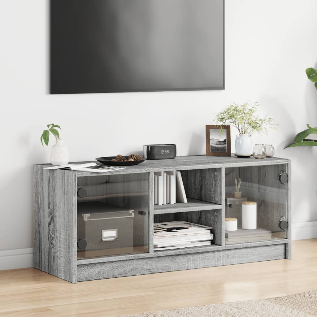 vidaXL Comodă TV cu uși din sticlă, gri sonoma, 102x37x42 cm vidaXL Comodă TV cu uși din sticlă, gri sonoma, 102x37x42 cm