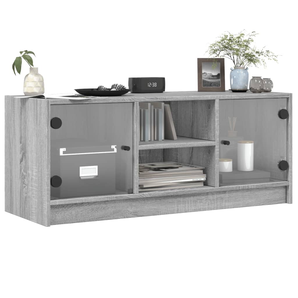 vidaXL Comodă TV cu uși din sticlă, gri sonoma, 102x37x42 cm vidaXL Comodă TV cu uși din sticlă, gri sonoma, 102x37x42 cm