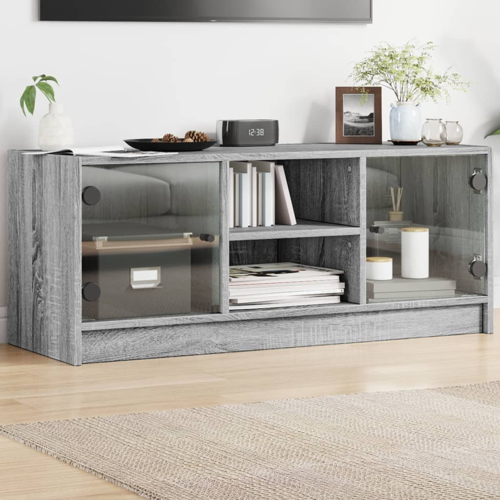 vidaXL Comodă TV cu uși din sticlă, gri sonoma, 102x37x42 cm vidaXL Comodă TV cu uși din sticlă, gri sonoma, 102x37x42 cm