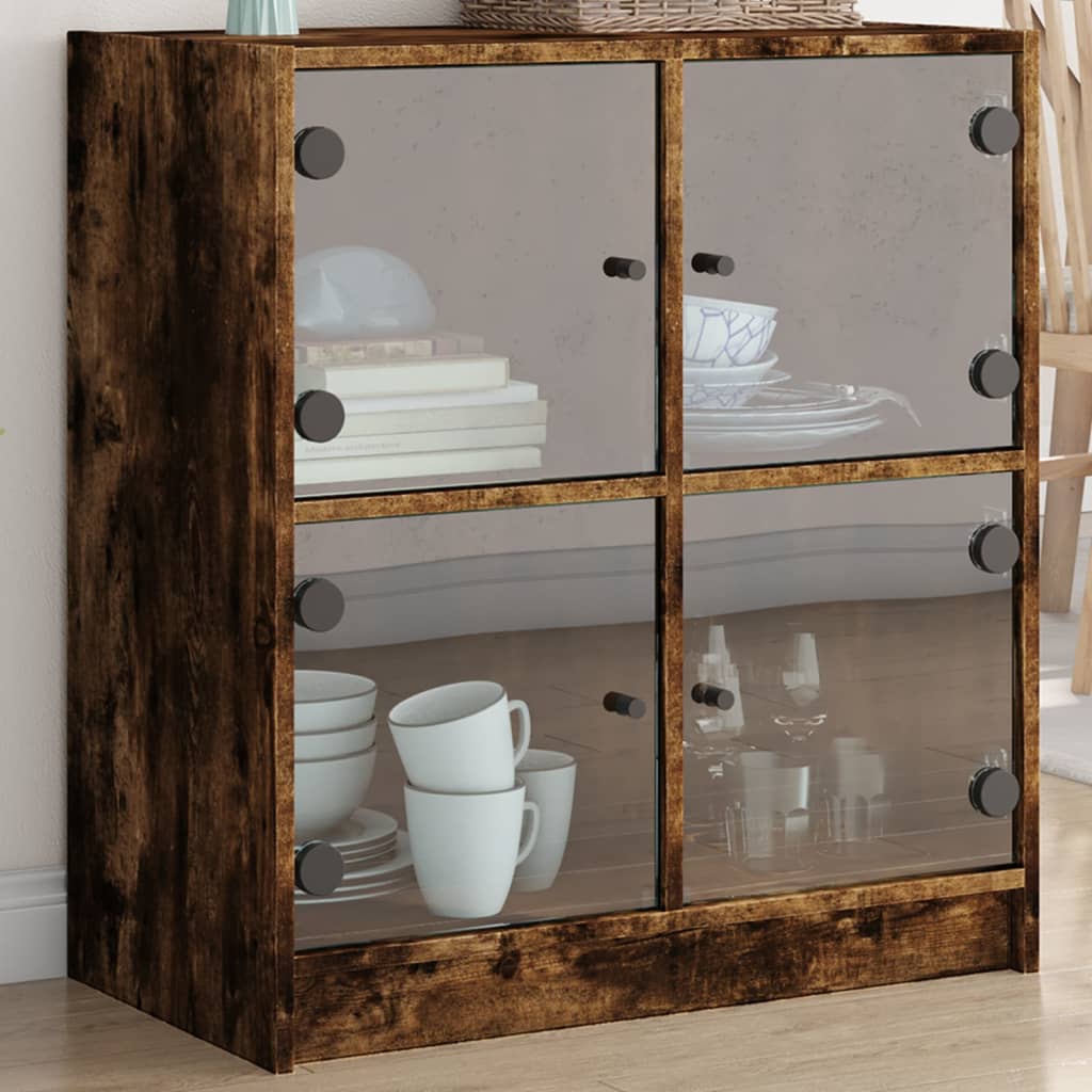 vidaXL Dulap lateral cu uși din sticlă, stejar fumuriu, 68x37x75,5 cm vidaXL Dulap lateral cu uși din sticlă, stejar fumuriu, 68x37x75,5 cm