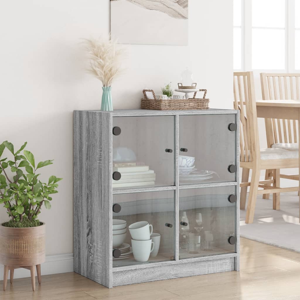 vidaXL Dulap lateral cu uși din sticlă, gri sonoma, 68x37x75,5 cm vidaXL Dulap lateral cu uși din sticlă, gri sonoma, 68x37x75,5 cm