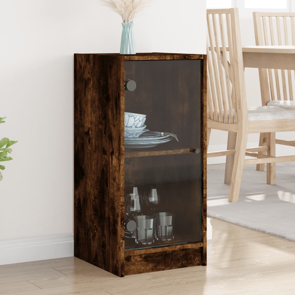 vidaXL Dulap lateral cu uși din sticlă, stejar fumuriu, 35x37x75,5 cm vidaXL Dulap lateral cu uși din sticlă, stejar fumuriu, 35x37x75,5 cm