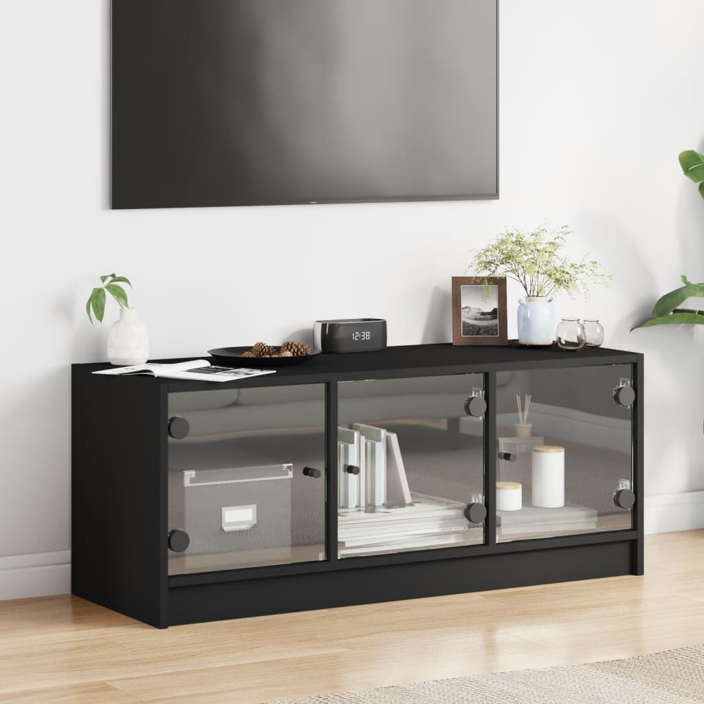 vidaXL Comodă TV cu uși din sticlă, negru, 102x37x42 cm vidaXL Comodă TV cu uși din sticlă, negru, 102x37x42 cm