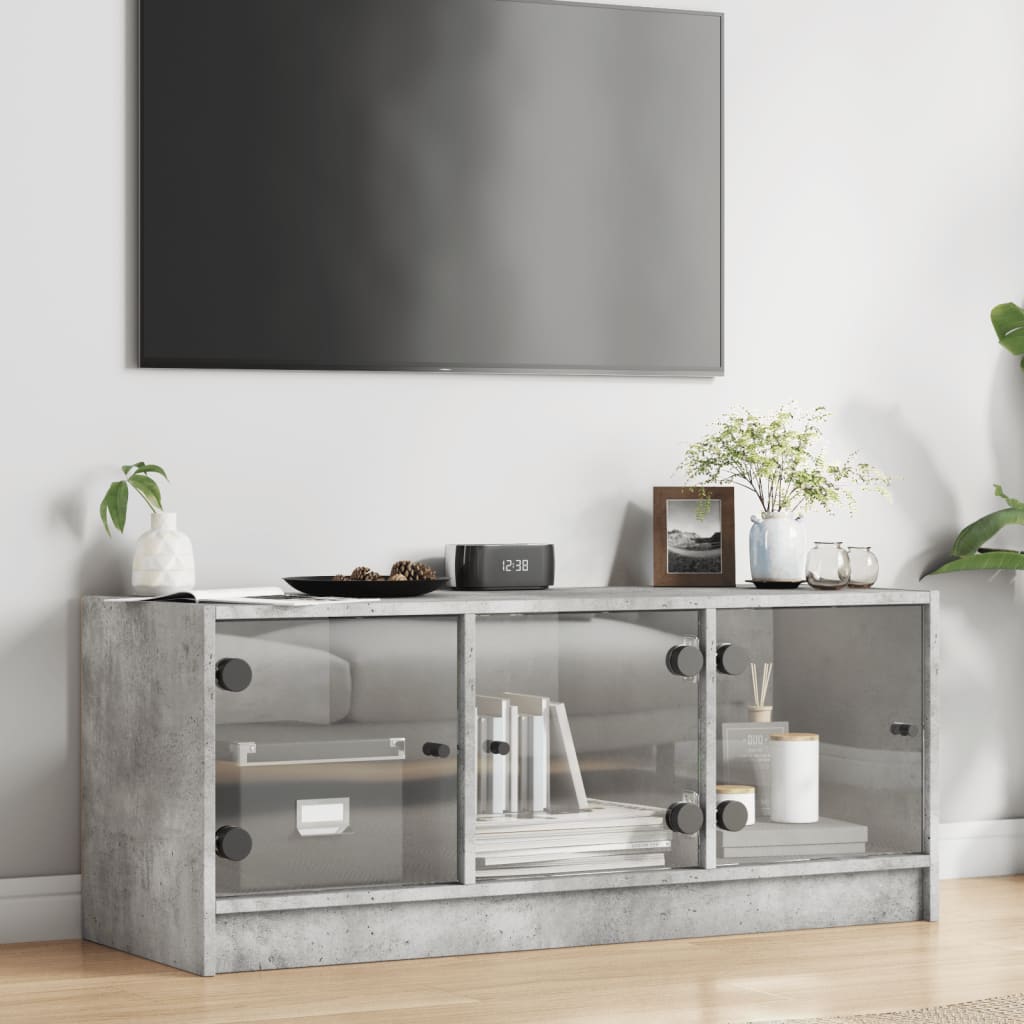 vidaXL Comodă TV cu uși din sticlă, gri beton, 102x37x42 cm vidaXL Comodă TV cu uși din sticlă, gri beton, 102x37x42 cm