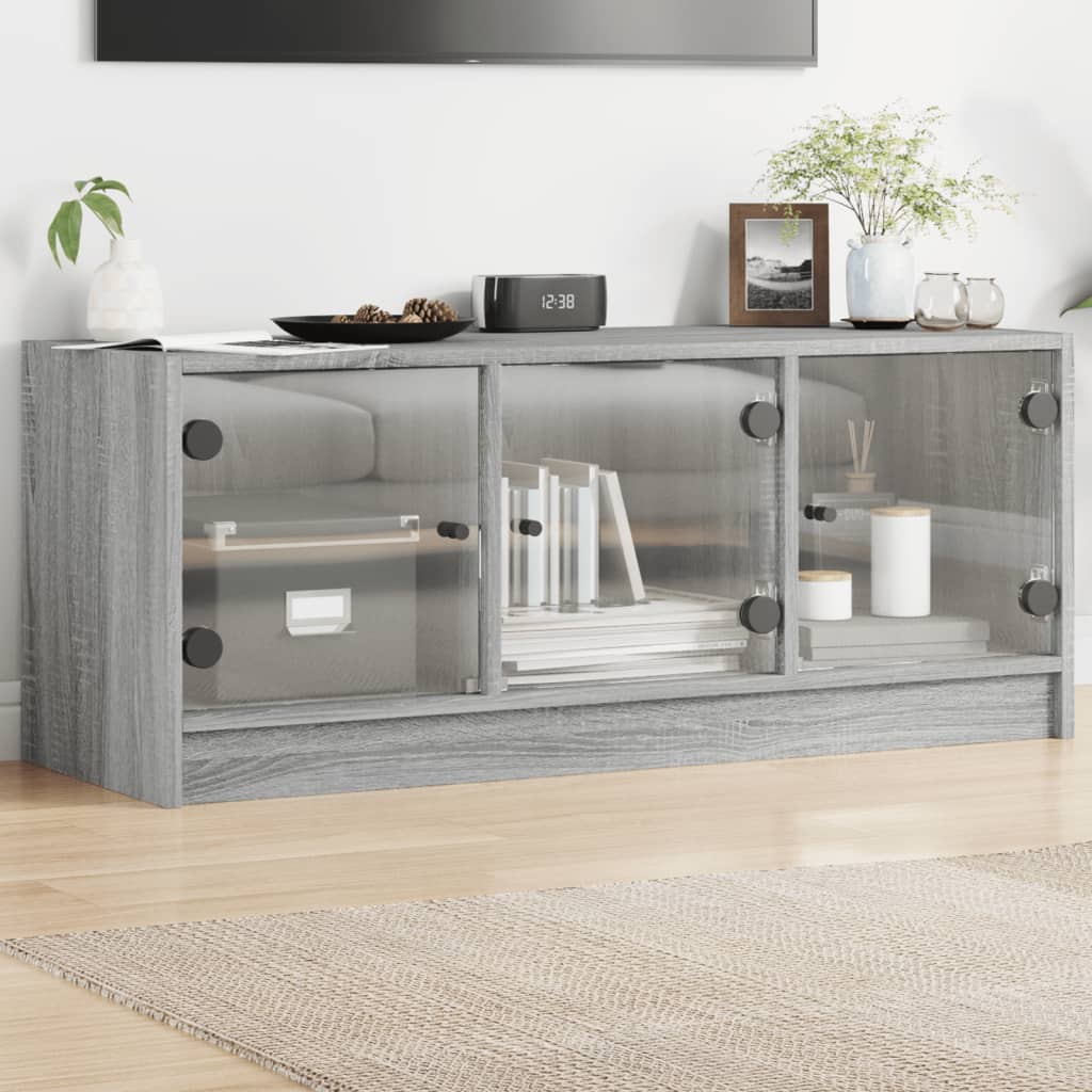 vidaXL Comodă TV cu uși din sticlă, gri sonoma, 102x37x42 cm vidaXL Comodă TV cu uși din sticlă, gri sonoma, 102x37x42 cm
