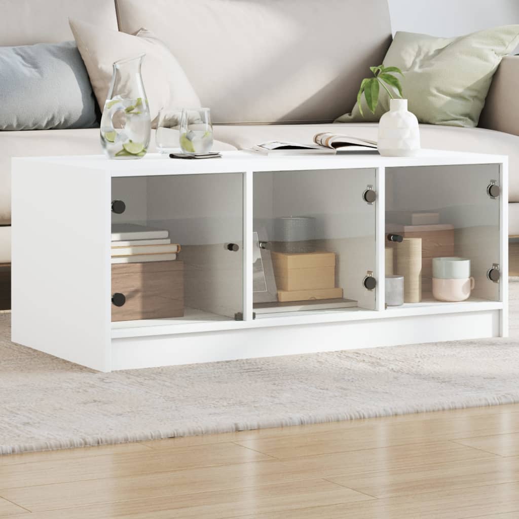 vidaXL Măsuță de cafea cu uși din sticlă, alb, 102x50x42 cm vidaXL Măsuță de cafea cu uși din sticlă, alb, 102x50x42 cm