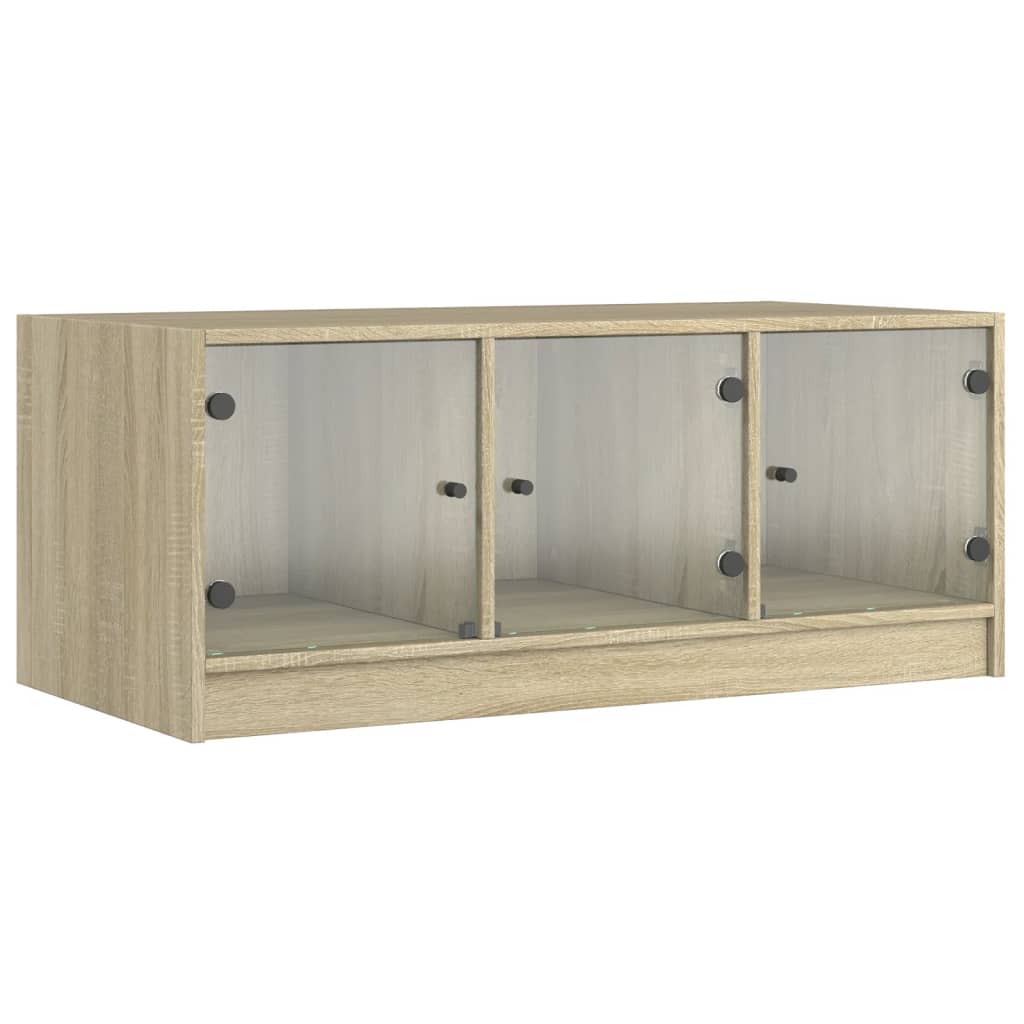 vidaXL Măsuță de cafea cu uși din sticlă, stejar fumuriu, 102x50x42 cm