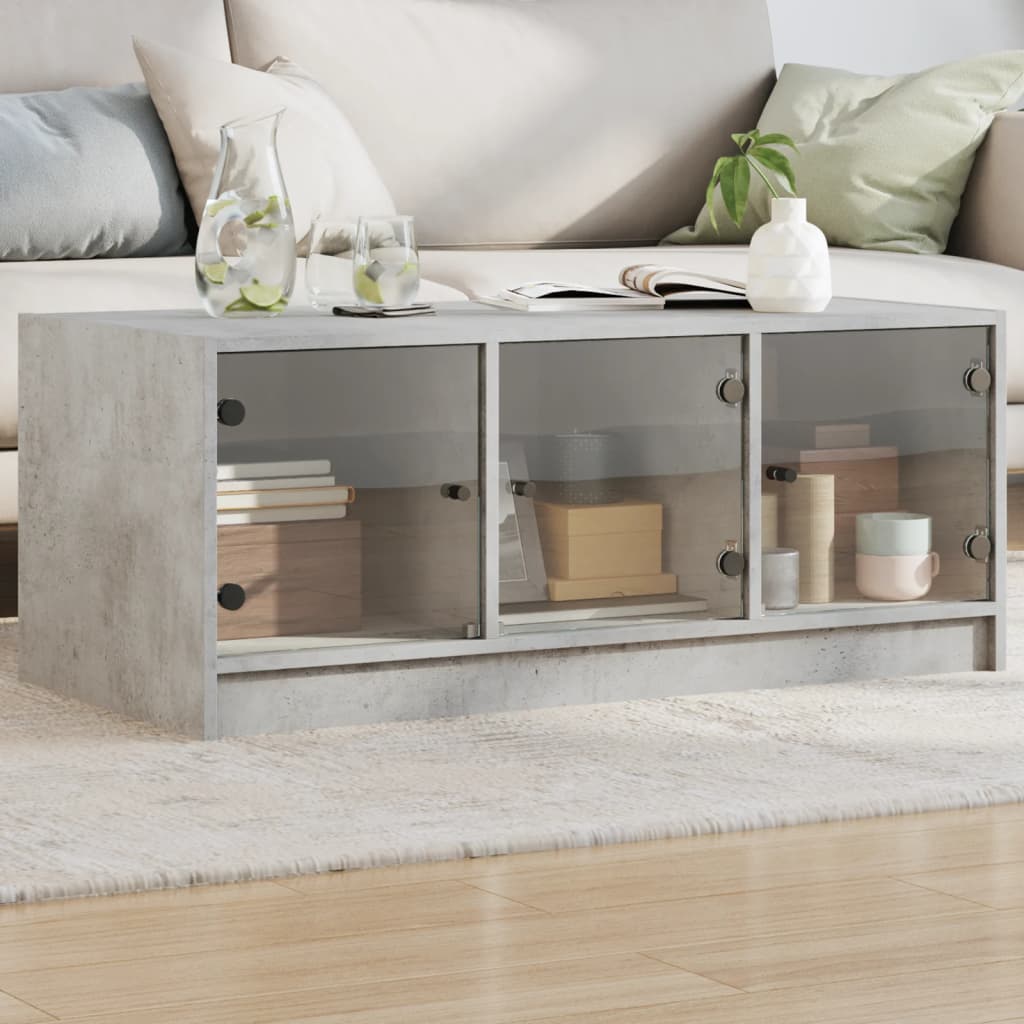 vidaXL Măsuță de cafea cu uși din sticlă, gri beton, 102x50x42 cm vidaXL Măsuță de cafea cu uși din sticlă, gri beton, 102x50x42 cm