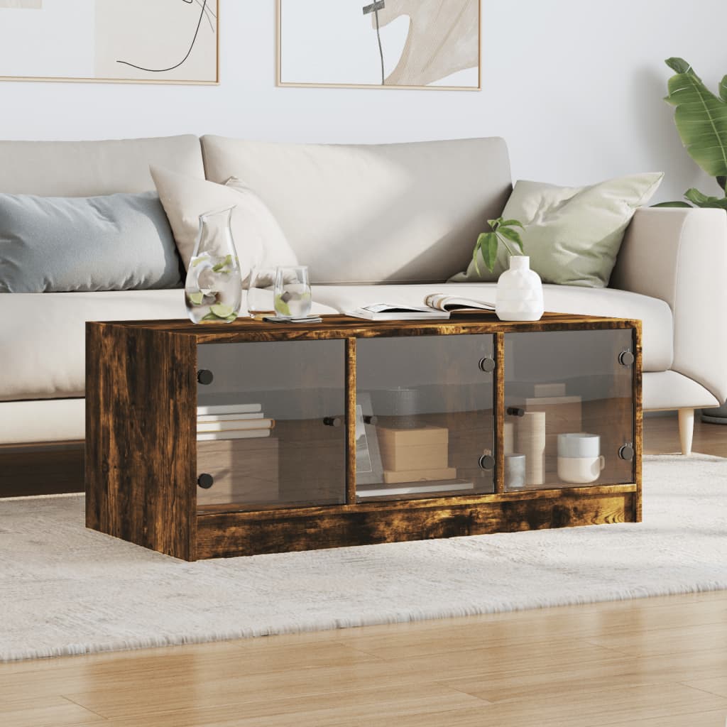 vidaXL Măsuță de cafea cu uși din sticlă, stejar fumuriu, 102x50x42 cm