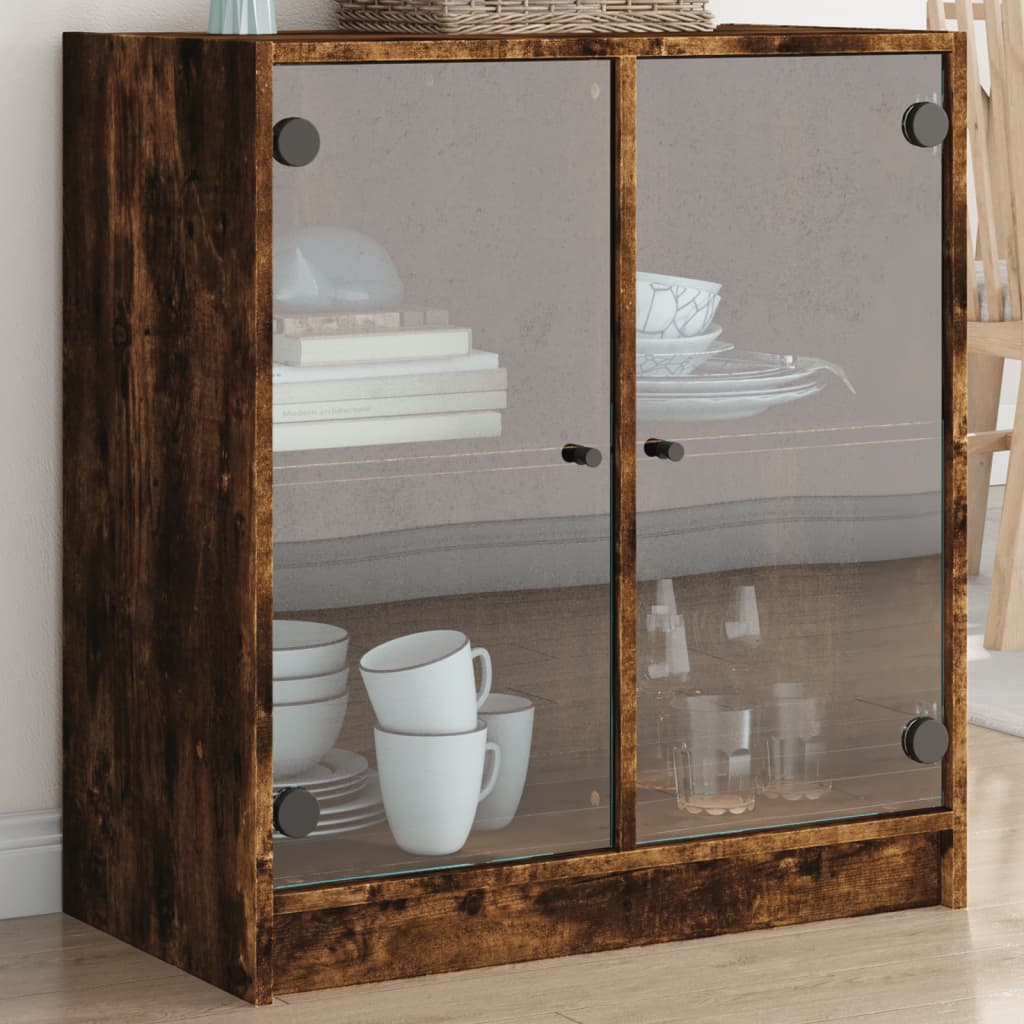 vidaXL Dulap lateral cu uși din sticlă, stejar fumuriu, 68x37x75,5 cm vidaXL Dulap lateral cu uși din sticlă, stejar fumuriu, 68x37x75,5 cm