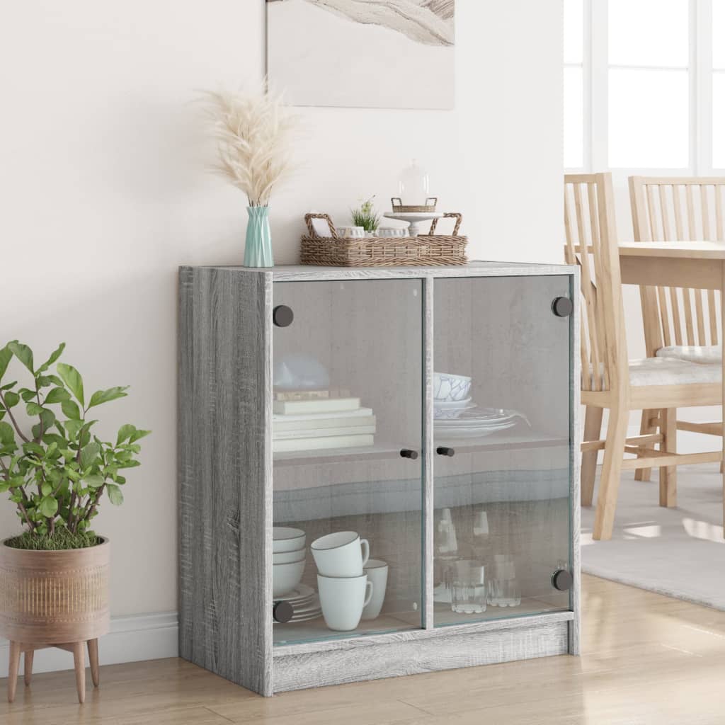 vidaXL Dulap lateral cu uși din sticlă, gri sonoma, 68x37x75,5 cm vidaXL Dulap lateral cu uși din sticlă, gri sonoma, 68x37x75,5 cm