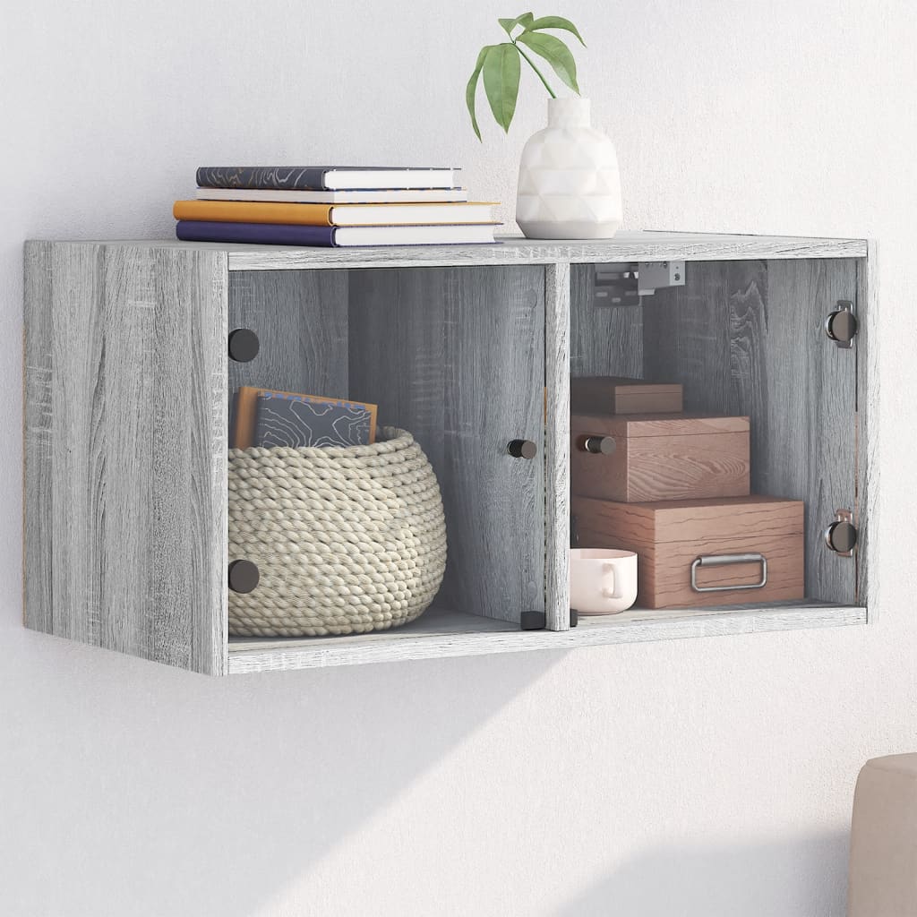 vidaXL Dulap de perete cu uși din sticlă, gri sonoma, 68,5x37x35 cm vidaXL Dulap de perete cu uși din sticlă, gri sonoma, 68,5x37x35 cm