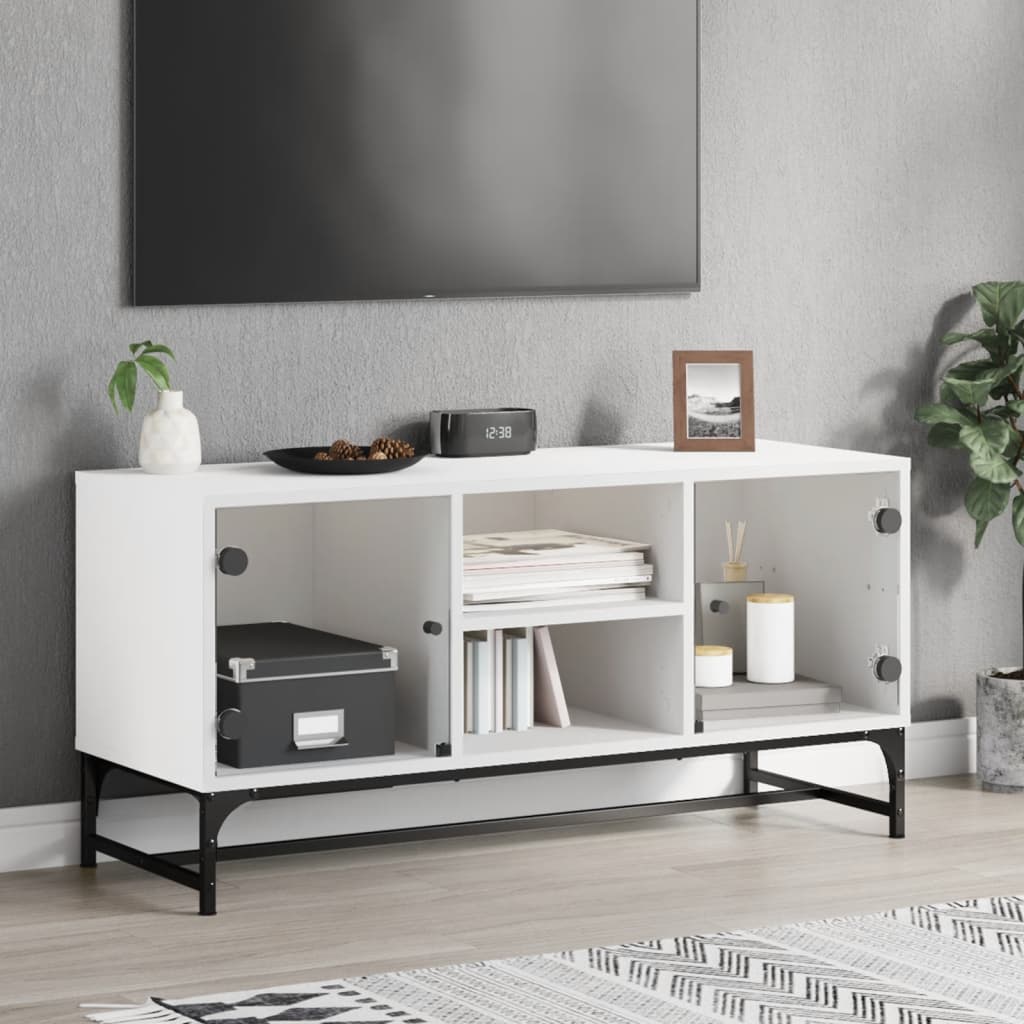 vidaXL Comodă TV cu uși din sticlă, alb, 102x37x50 cm vidaXL Comodă TV cu uși din sticlă, alb, 102x37x50 cm