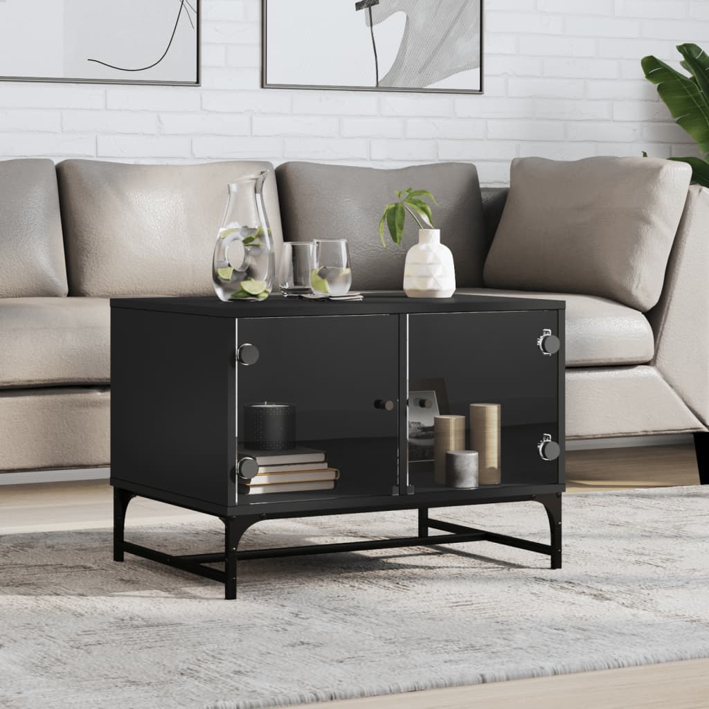 vidaXL Măsuță de cafea cu uși din sticlă, negru, 68,5x50x50 cm vidaXL Măsuță de cafea cu uși din sticlă, negru, 68,5x50x50 cm