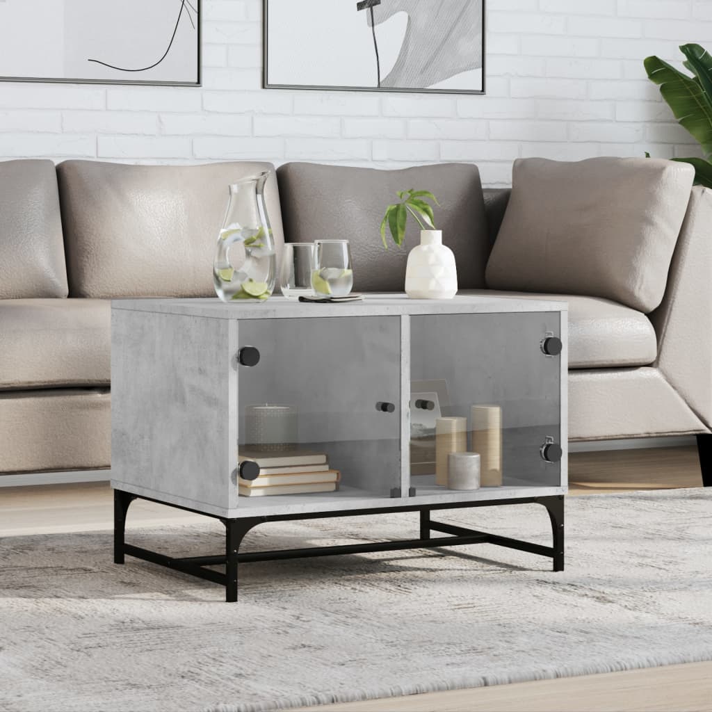 vidaXL Măsuță de cafea cu uși din sticlă, gri beton, 68,5x50x50 cm vidaXL Măsuță de cafea cu uși din sticlă, gri beton, 68,5x50x50 cm