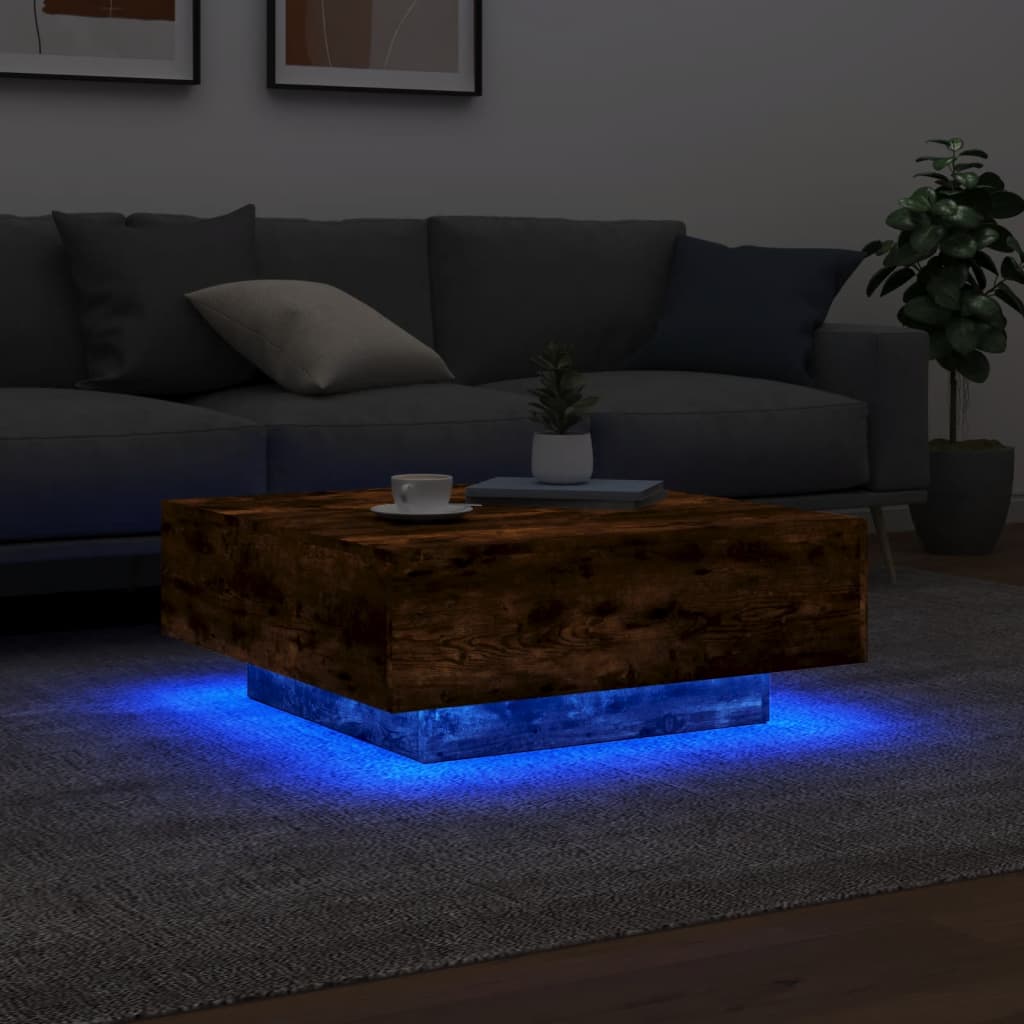 vidaXL Măsuță de cafea cu lumini LED, stejar fumuriu, 80x80x31 cm vidaXL Măsuță de cafea cu lumini LED, stejar fumuriu, 80x80x31 cm