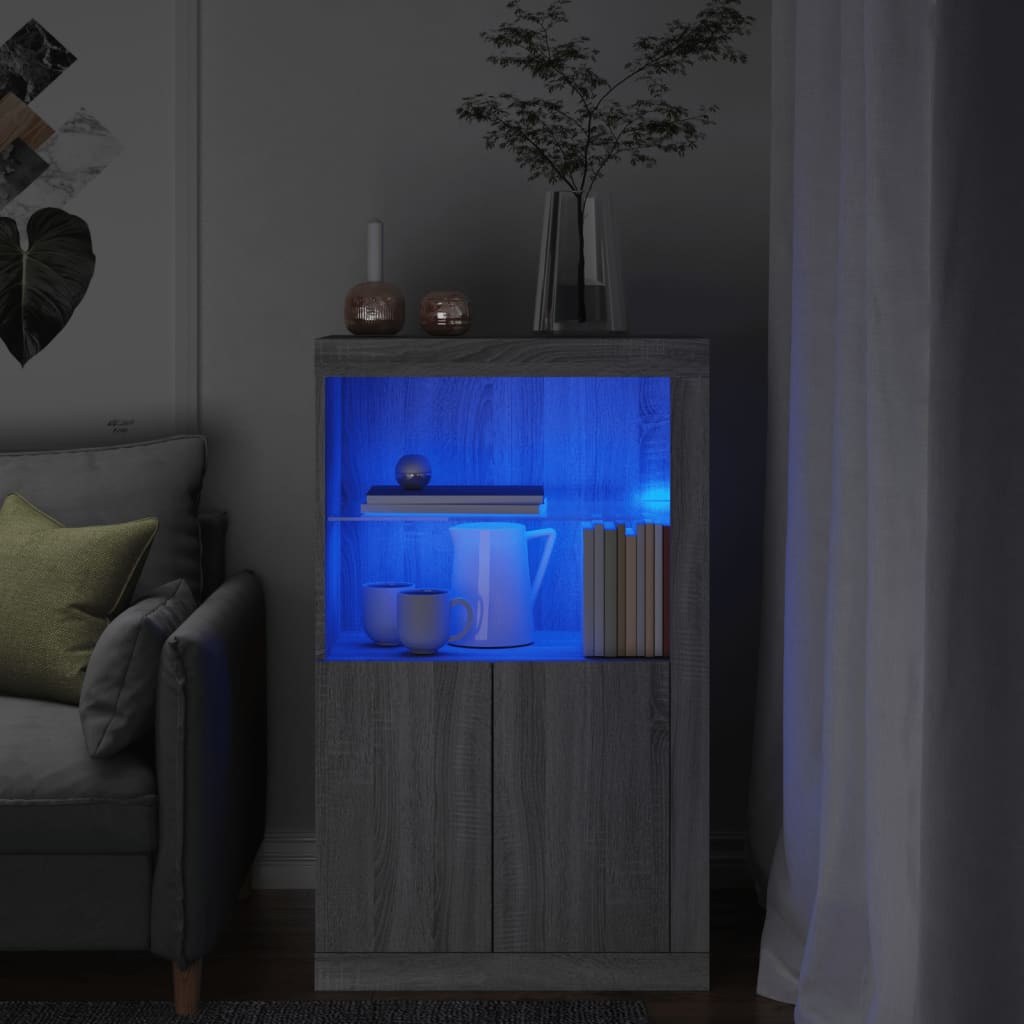 vidaXL Dulap lateral cu lumini LED, gri sonoma, lemn prelucrat vidaXL Dulap lateral cu lumini LED, gri sonoma, lemn prelucrat