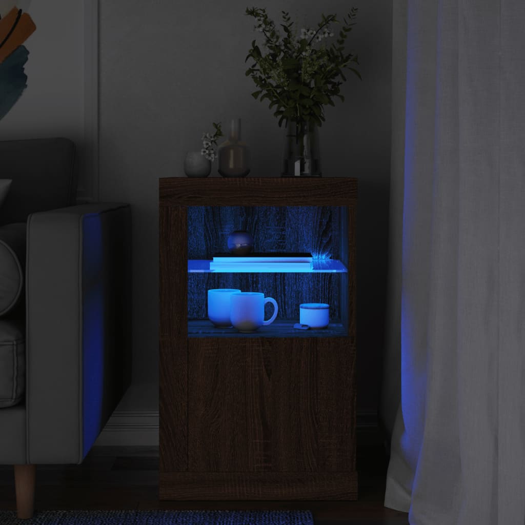 vidaXL Dulap lateral cu lumini LED, stejar maro, lemn prelucrat vidaXL Dulap lateral cu lumini LED, stejar maro, lemn prelucrat