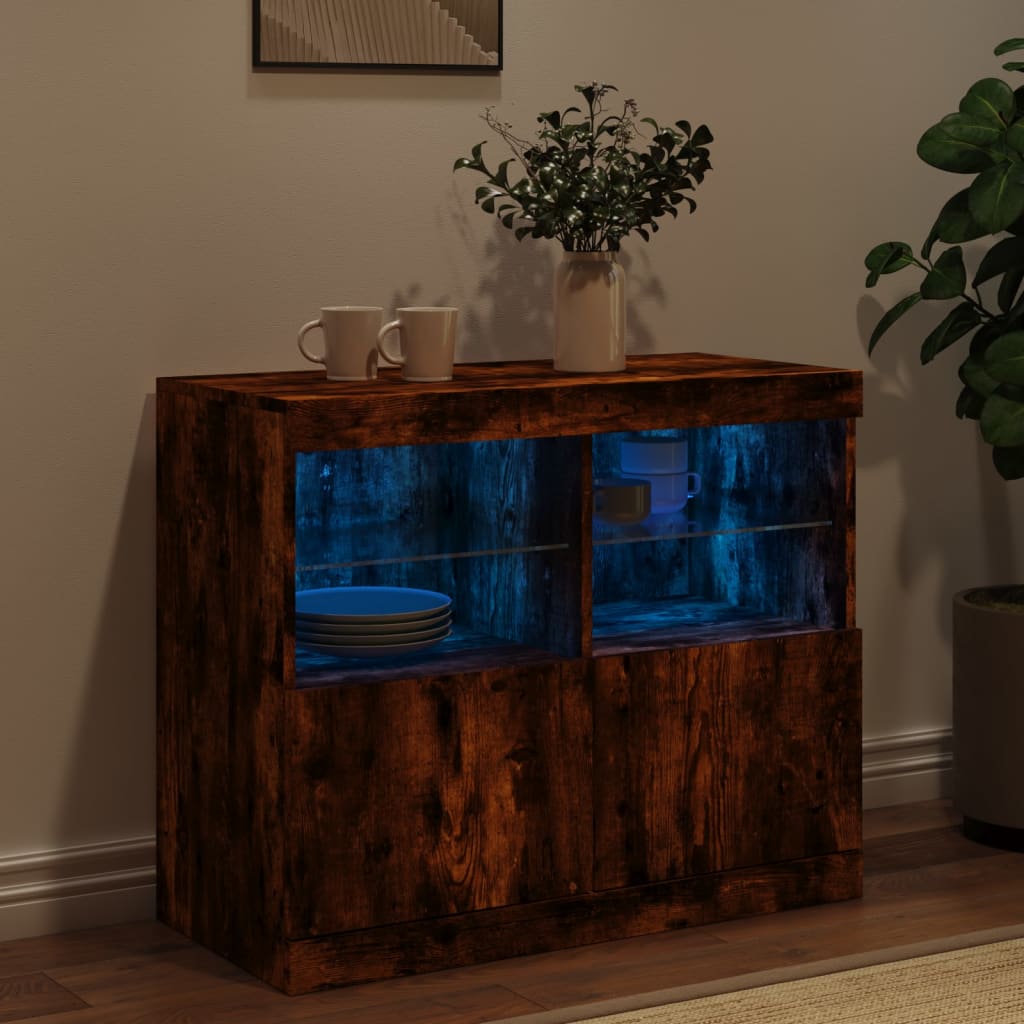 vidaXL Servantă cu lumini LED, stejar fumuriu, 81x37x67 cm