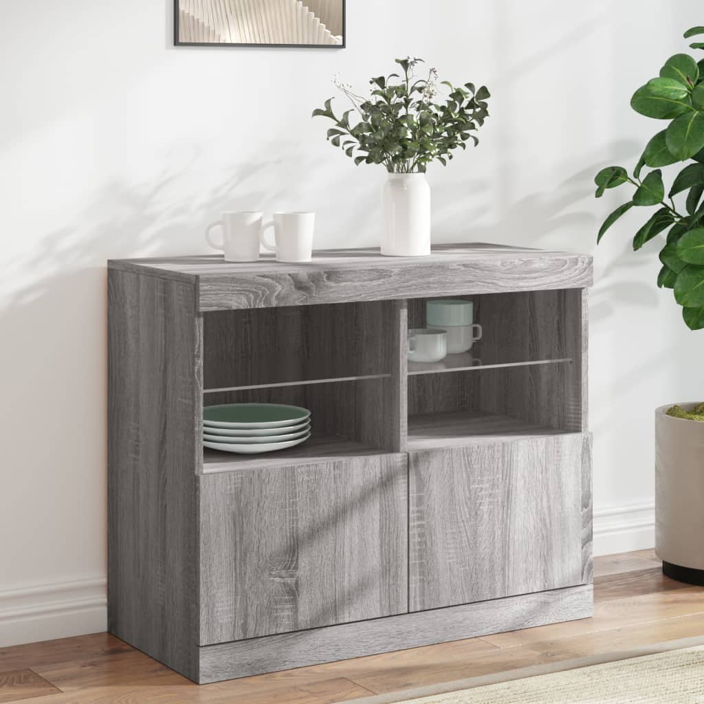 vidaXL Servantă cu lumini LED, gri sonoma, 81x37x67 cm vidaXL Servantă cu lumini LED, gri sonoma, 81x37x67 cm