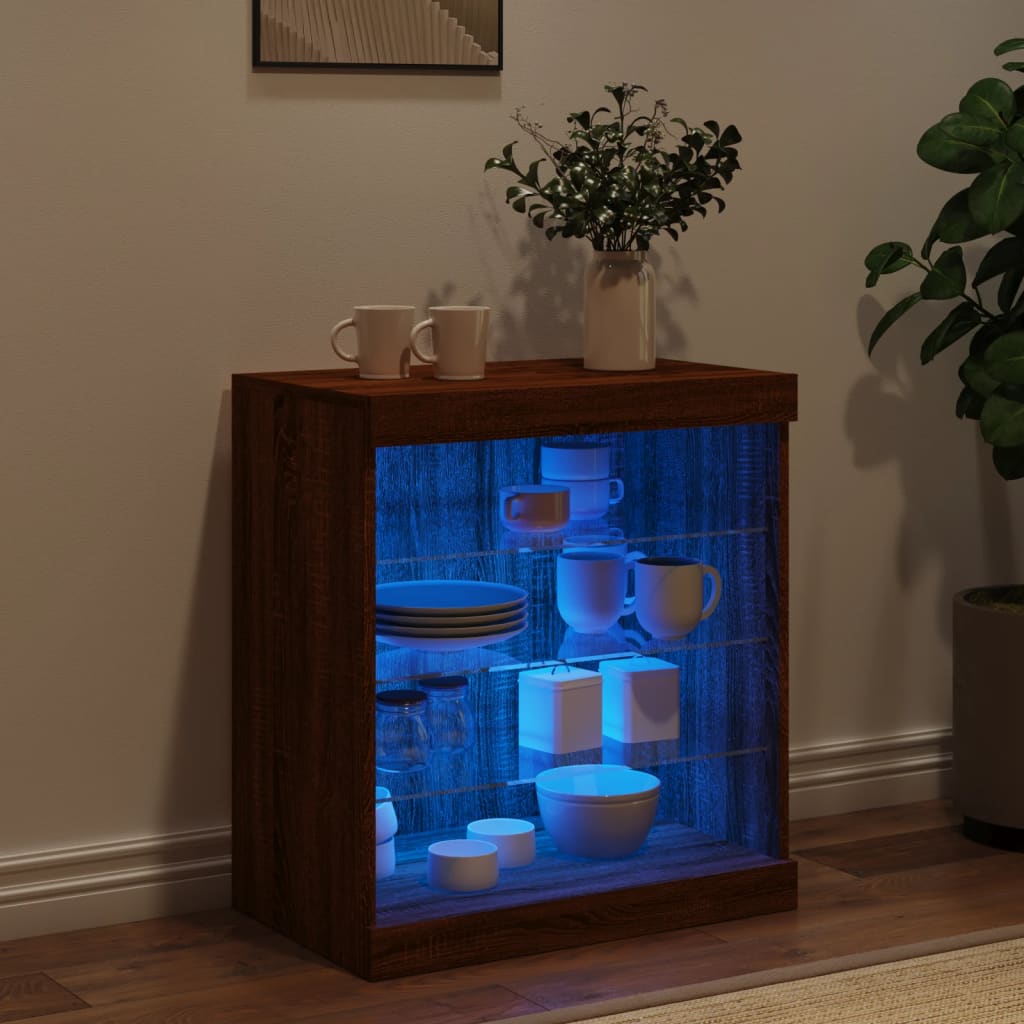 vidaXL Servantă cu lumini LED, stejar maro, 60,5x37x67 cm vidaXL Servantă cu lumini LED, stejar maro, 60,5x37x67 cm