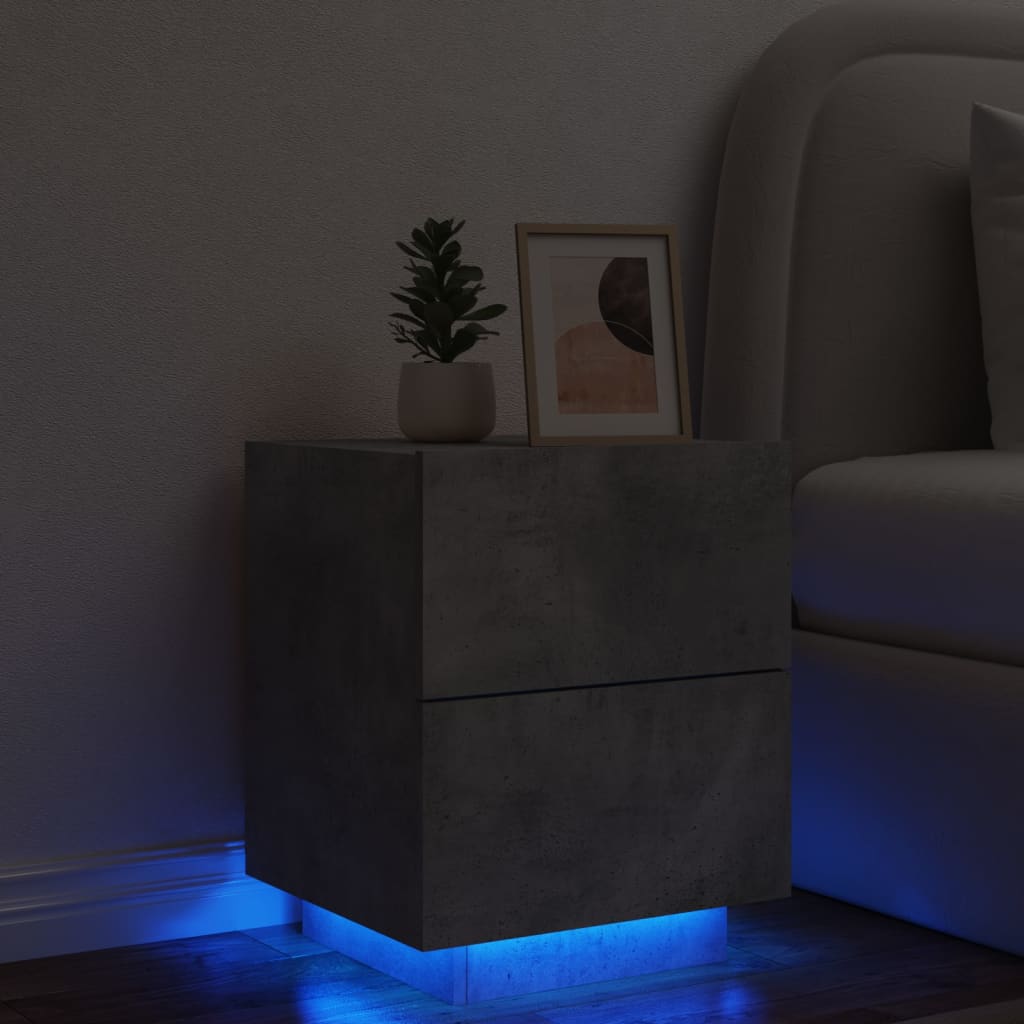 vidaXL Noptieră cu lumini LED, gri beton, lemn prelucrat vidaXL Noptieră cu lumini LED, gri beton, lemn prelucrat