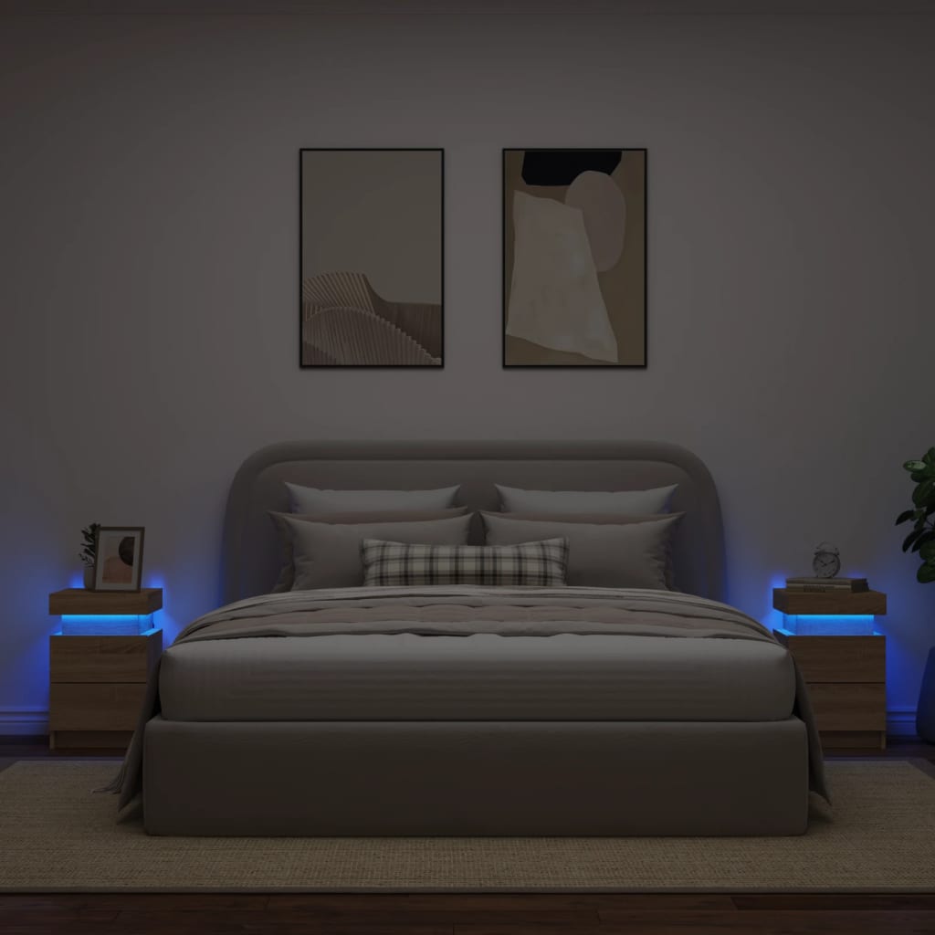 vidaXL Noptiere cu lumini LED, 2 buc., stejar sonoma, 35x39x55 cm